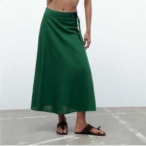 Zara Green Linen Blend Midi Skirt Brand New with Tags